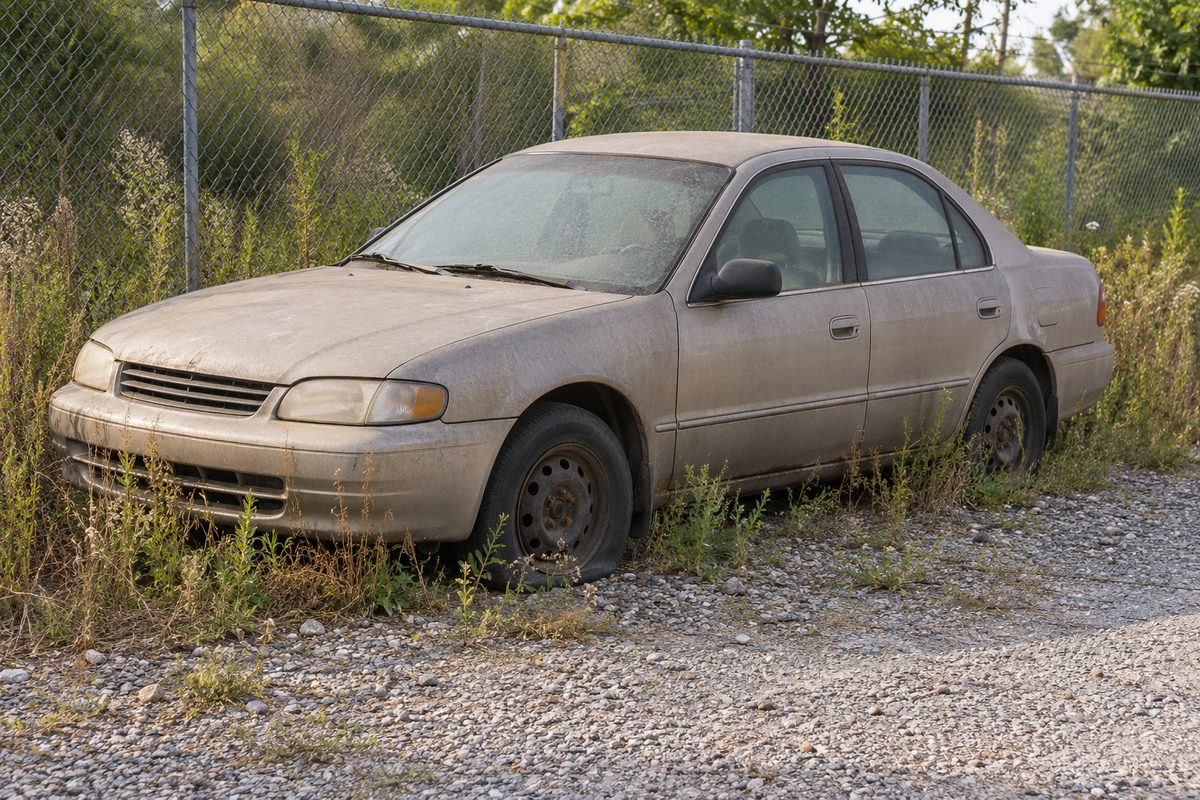 A dusty tan sedan with a flat front tire sitting in tall weeds on gravel beside a chain-link fence