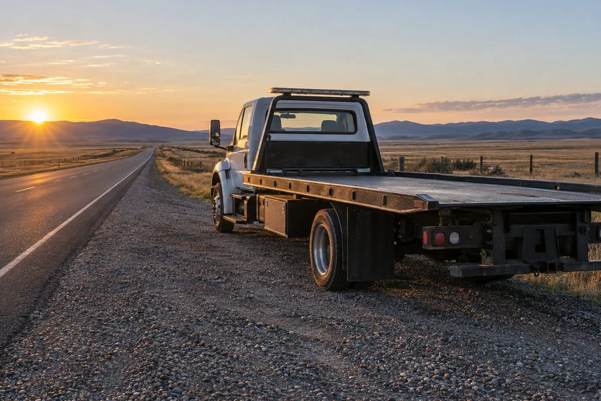 An empty flatbed tow truck parked on the gravel shoulder of a two-lane rural highway at sunrise