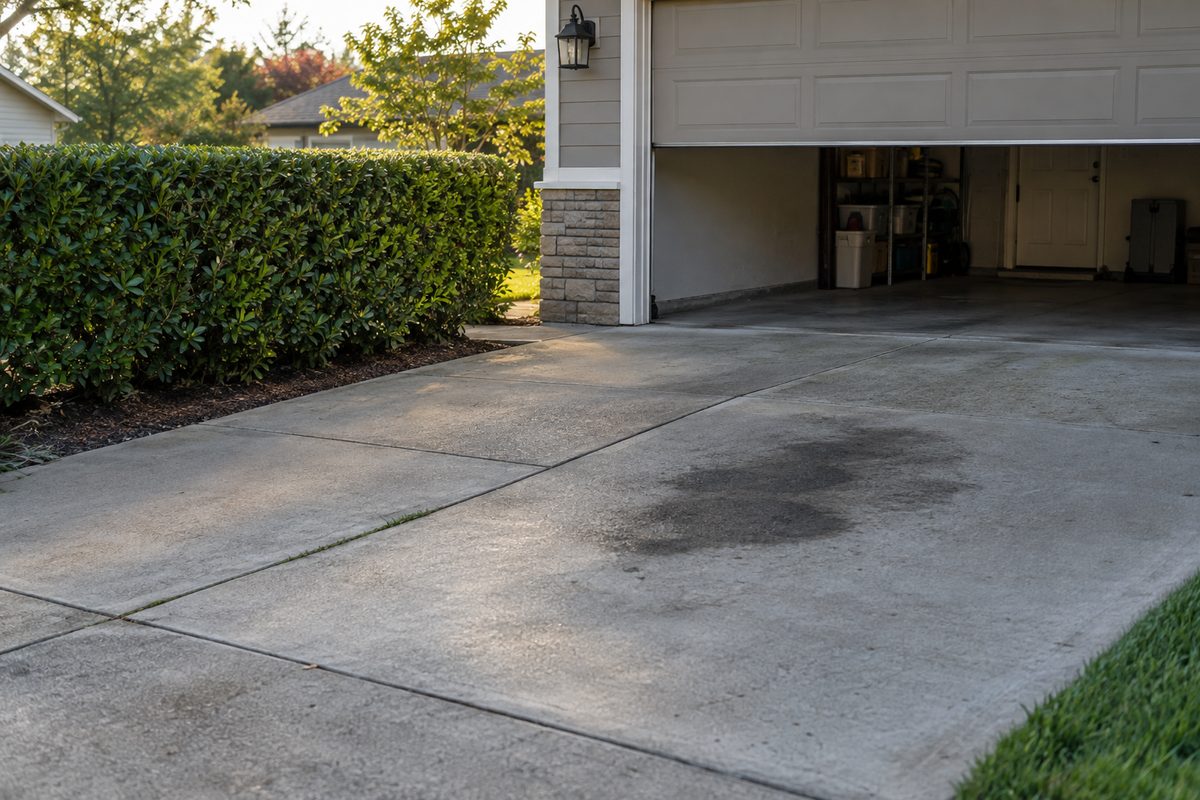 An empty driveway with an oil stain where a car used to be parked