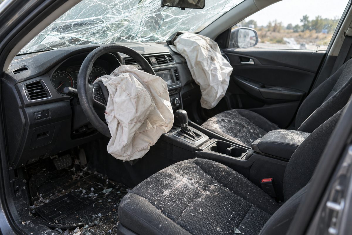 Inside a crashed sedan: the driver and passenger airbags hang deflated, the windshield is cracked and broken glass covers the seats
