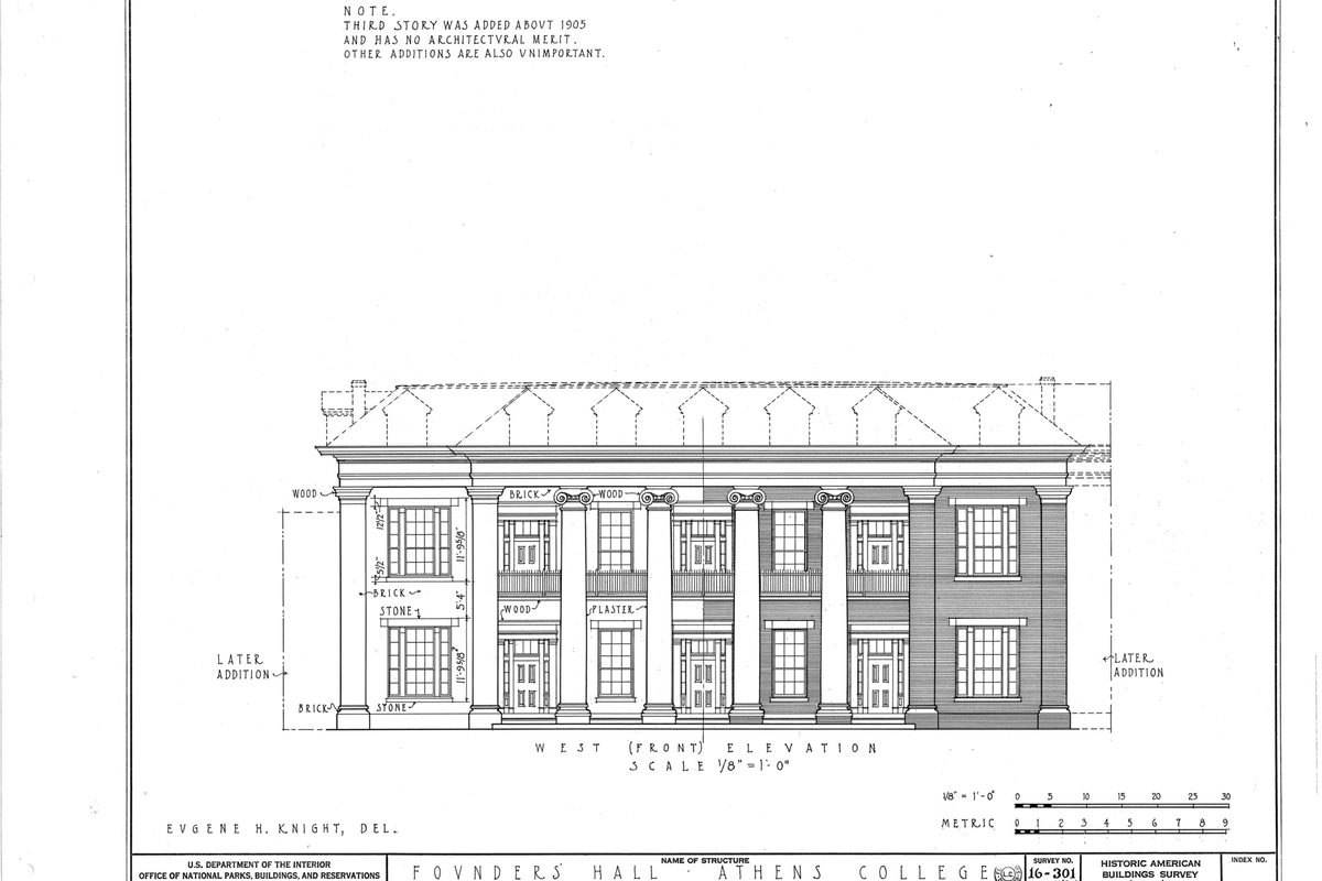 Measured architectural drawing of the west front of Founders Hall at Athens College, showing its columns, dormer windows and two marked later additions