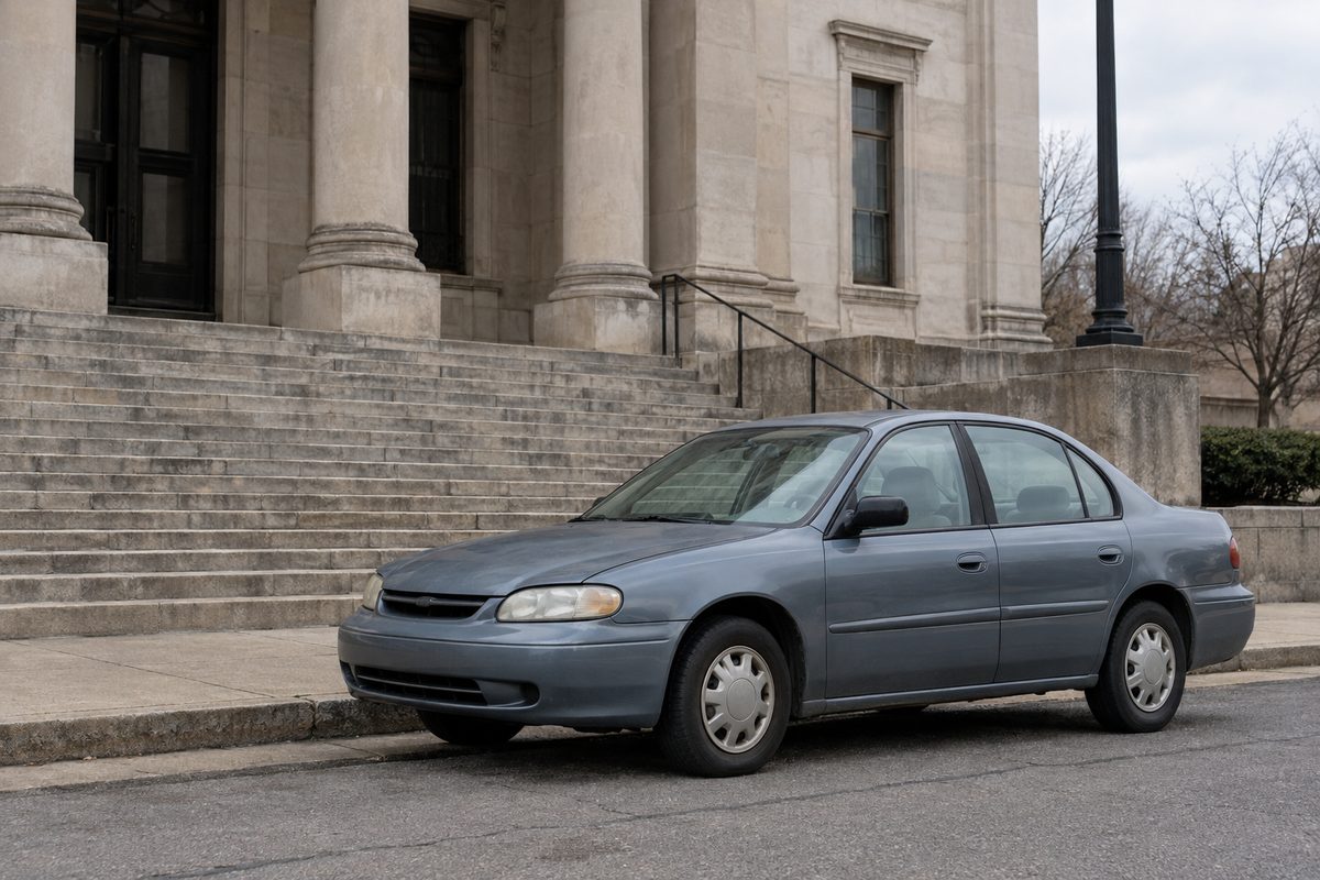 A gray-blue sedan parked at the curb in front of a stone building with wide steps and tall columns