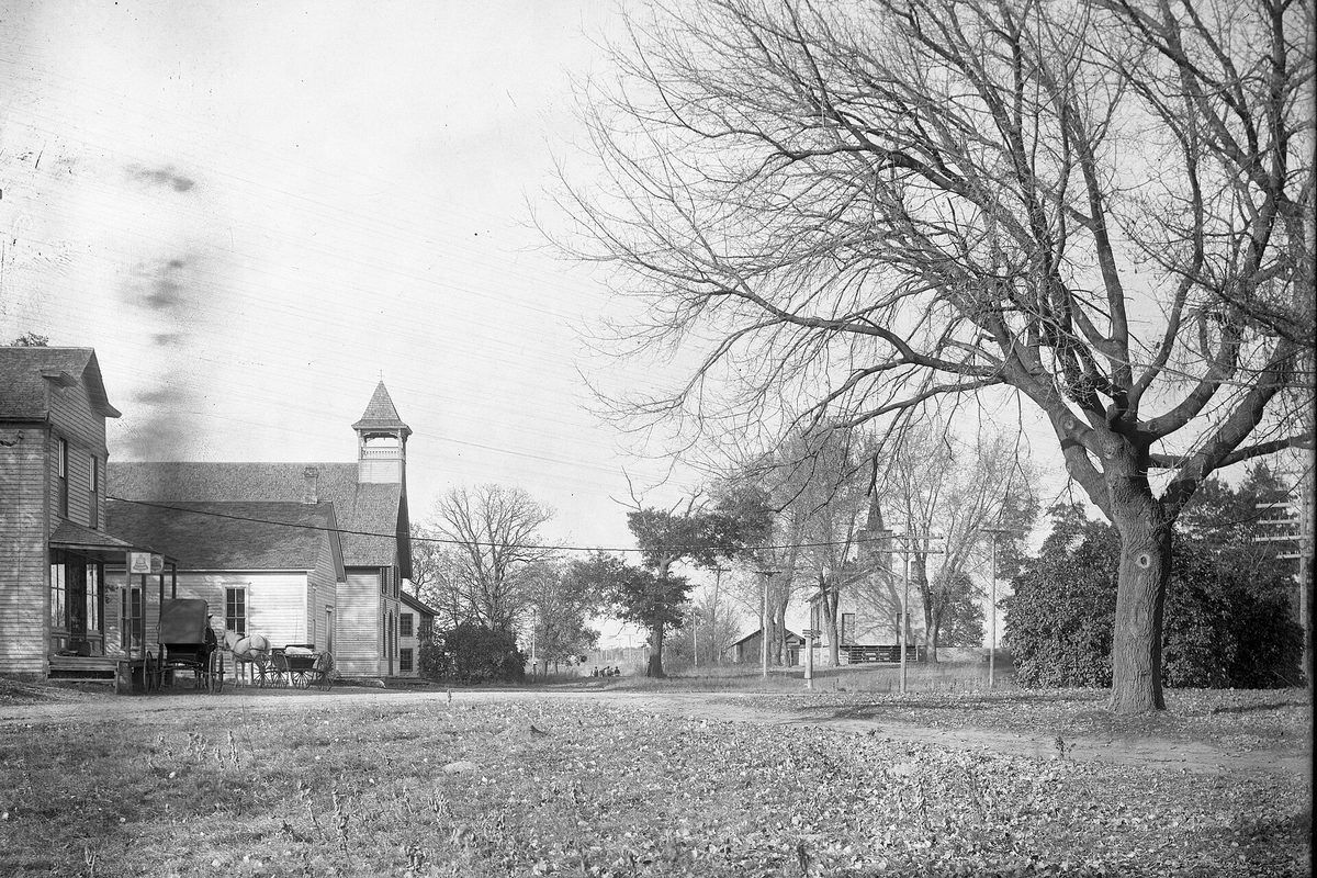 Old black-and-white photo of Bloomington's early town center: a dirt road, wooden buildings, a horse and wagon, a church and a building with a cupola, beside a large bare tree
