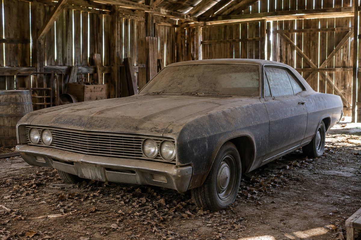 An old two-door sedan under a thick layer of dust, round headlights and a chrome grille, sitting in a wooden barn on a floor of dry leaves