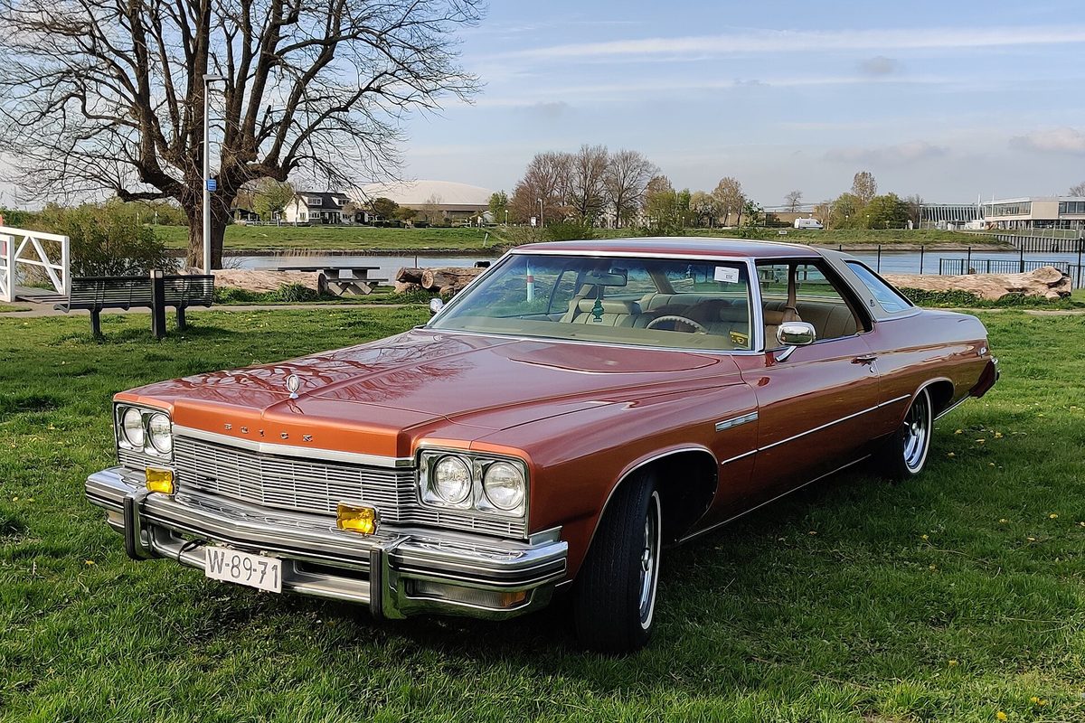 A copper-brown 1975 Buick LeSabre two-door hardtop with a tan interior, parked on grass beside a canal