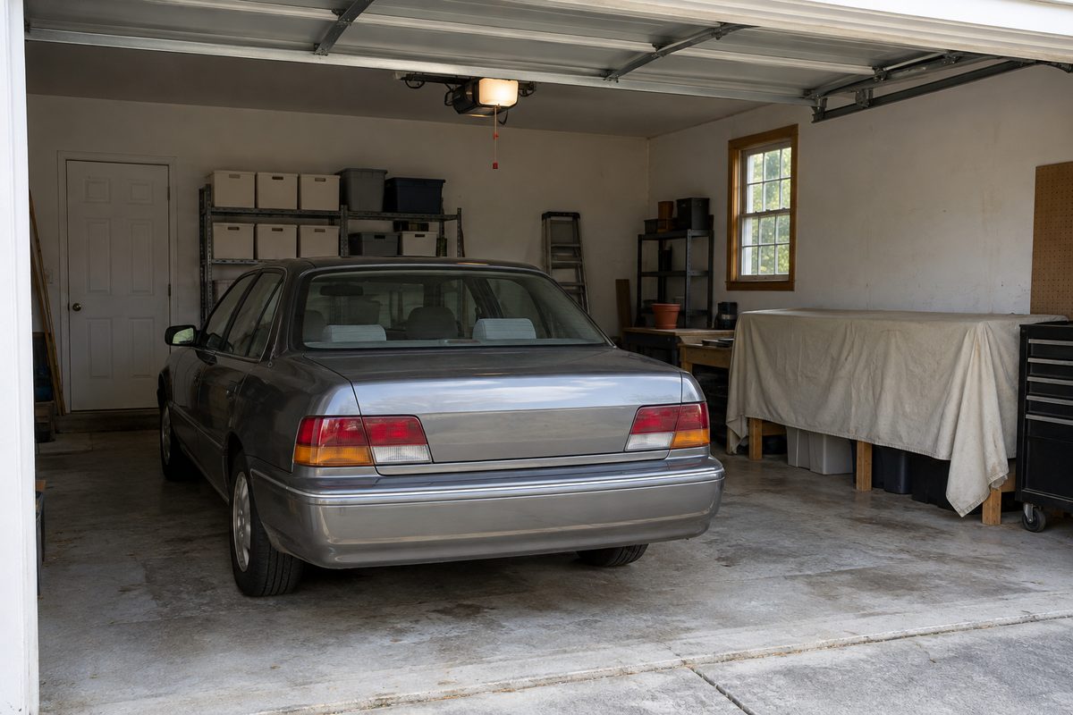 A silver sedan parked in a tidy home garage, with storage bins on wall shelves and a covered table under the window