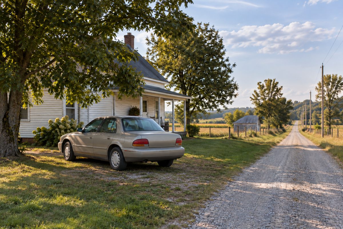 A beige sedan parked on the grass beside a white farmhouse, with a gravel country road running past fields and power lines