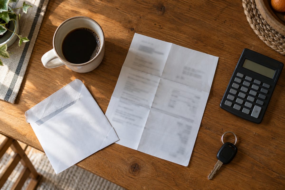 A folded loan payoff letter on a wooden table beside an envelope, a calculator, a car key and a cup of coffee