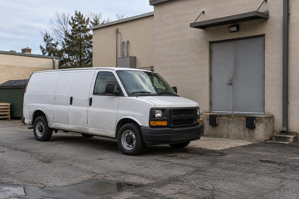 A white cargo van parked on asphalt beside the gray loading door of a tan block commercial building