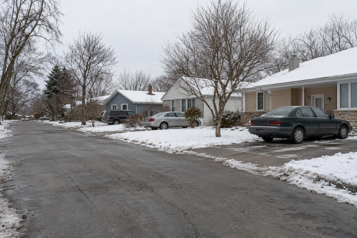 A snowy residential street of single-story houses, with a dark sedan parked in a driveway and a silver car and a dark SUV parked farther down the road