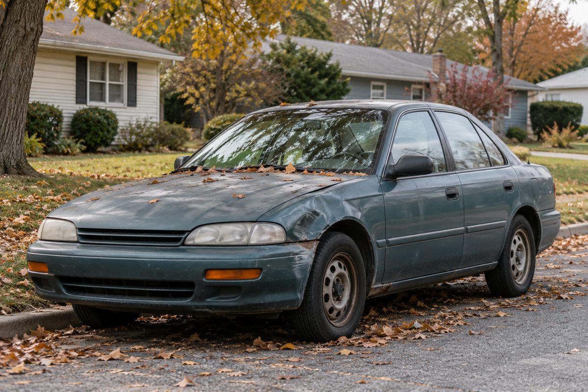 A faded teal sedan with a dented front fender parked at the curb of a quiet street, its hood and windshield covered in fallen autumn leaves