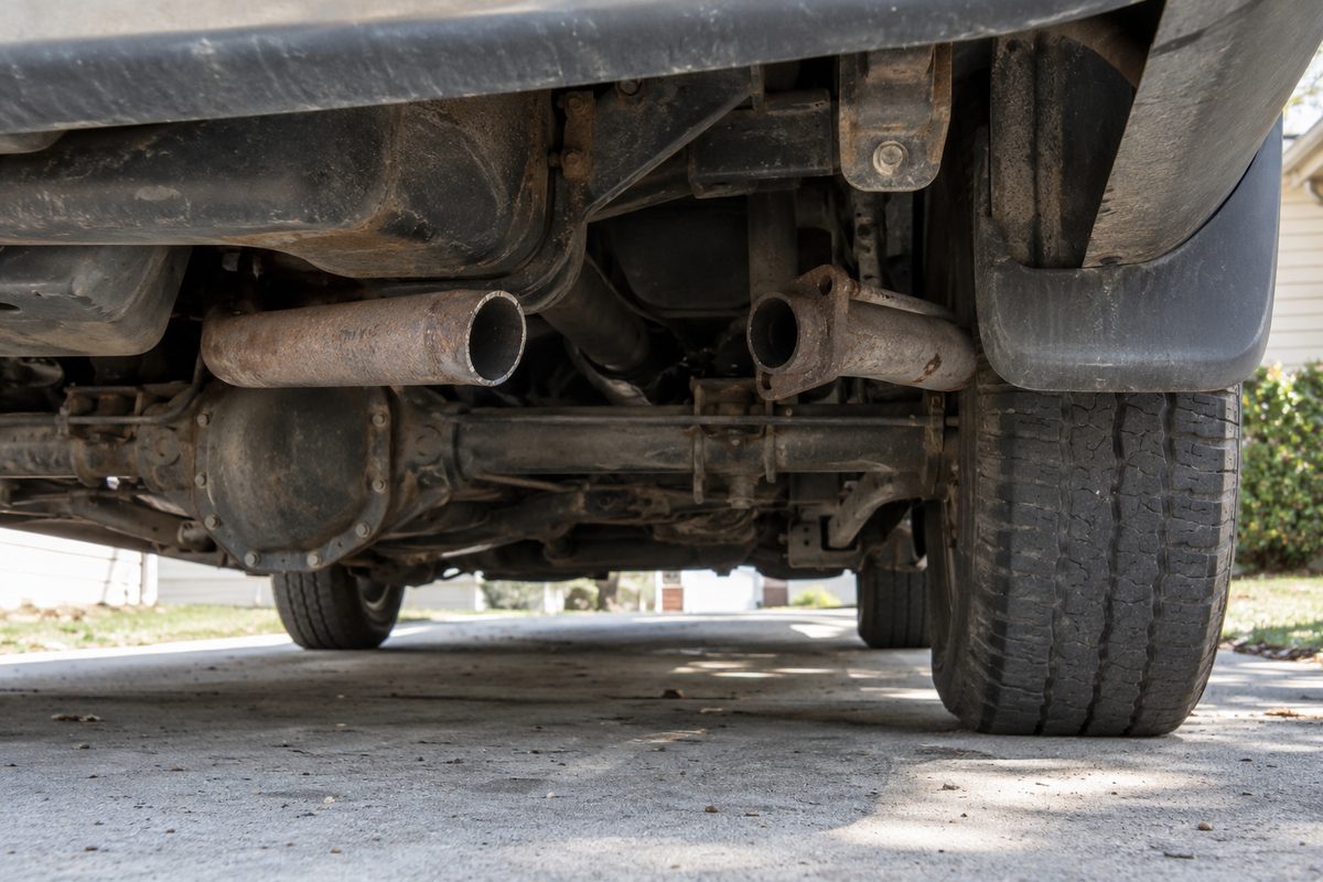 View under a pickup truck where a section of the exhaust has been cut out, leaving two open pipe ends with a gap between them