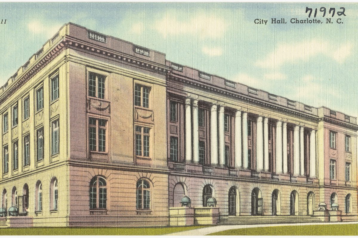 A vintage postcard of Charlotte City Hall, a pale stone building with tall columns and arched ground-floor windows, captioned City Hall, Charlotte, N.C.