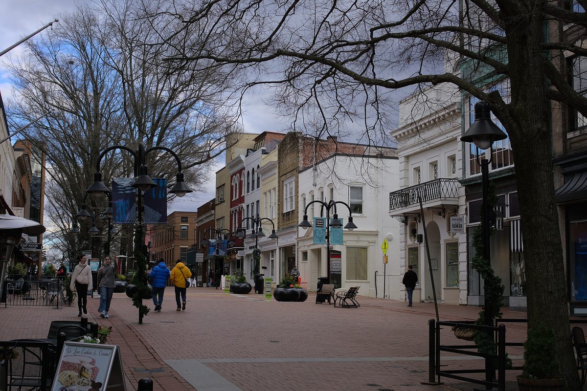 People walking down the brick-paved Downtown Mall in Charlottesville, lined with shops, black lamp posts and bare trees