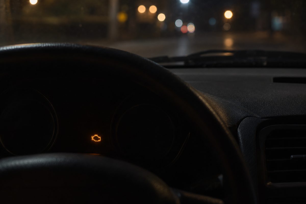 A dark dashboard at night with an amber check engine light glowing behind the steering wheel and blurred street lights through the windshield