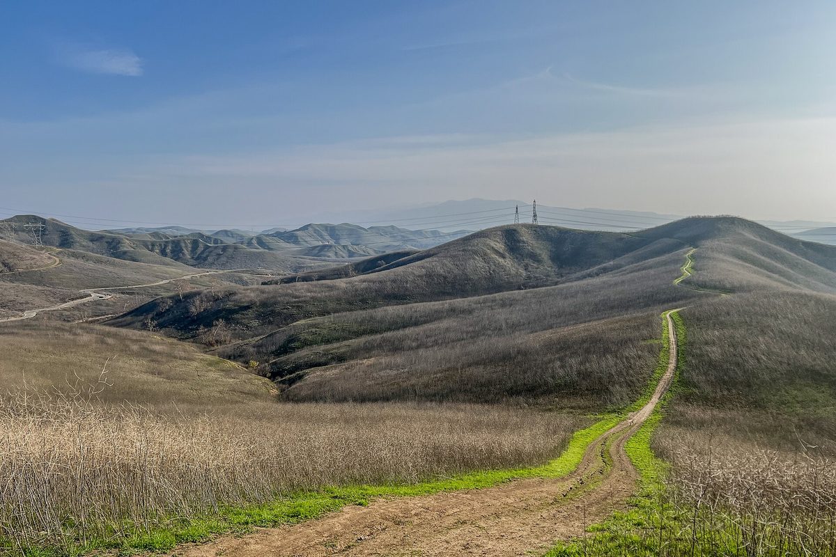 A dirt trail edged with green grass winding over dry, golden hills toward power-line towers in Chino Hills State Park