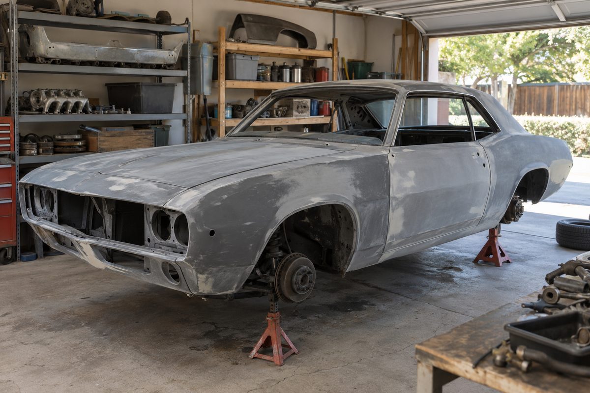 A primer-gray classic coupe with no wheels, grille or headlights, raised on red jack stands in a home garage beside shelves of stored parts