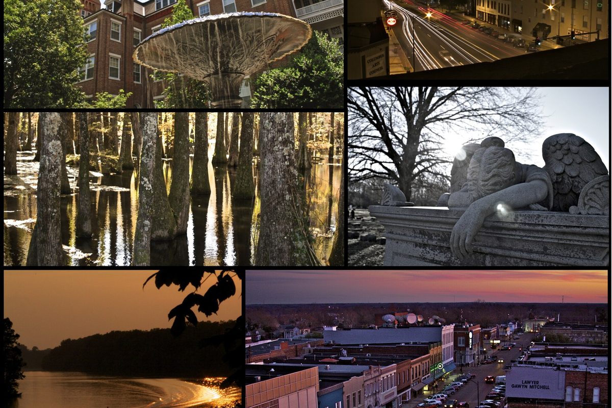 A collage of Columbus scenes: a fountain before a brick building, cypress trees in still water, a stone angel statue, a river at sunset, light trails on a night street and downtown rooftops at dusk
