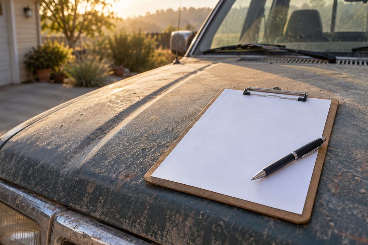 A blank clipboard and a pen resting on the faded, weathered hood of an old vehicle parked in a driveway at sunset