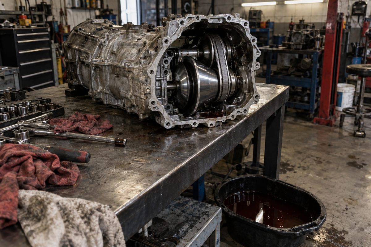 An opened CVT case on a steel shop bench with its belt and cone-shaped pulleys showing, and a drain pan of dark reddish-brown fluid on the floor