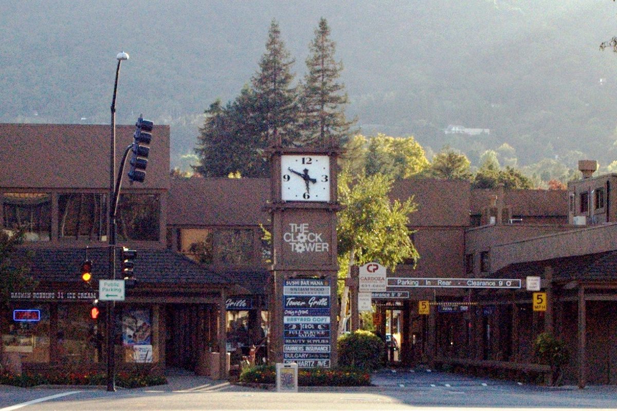 The clock and Clock Tower sign on a post in Danville's Clock Tower square, with low brown shop buildings and tall pines behind