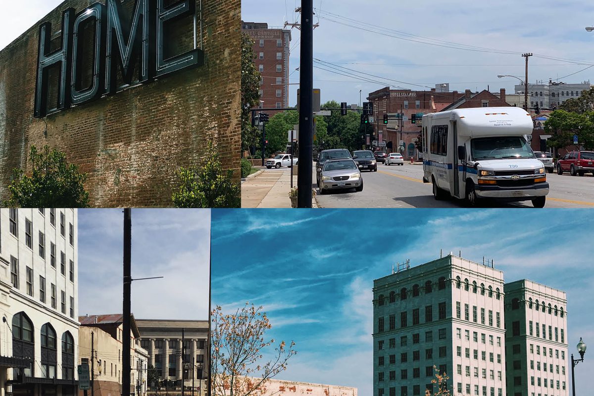 Collage of downtown Danville: the old HOME sign on a brick wall, Main Street traffic with a shuttle bus, and tall historic buildings including River City Towers