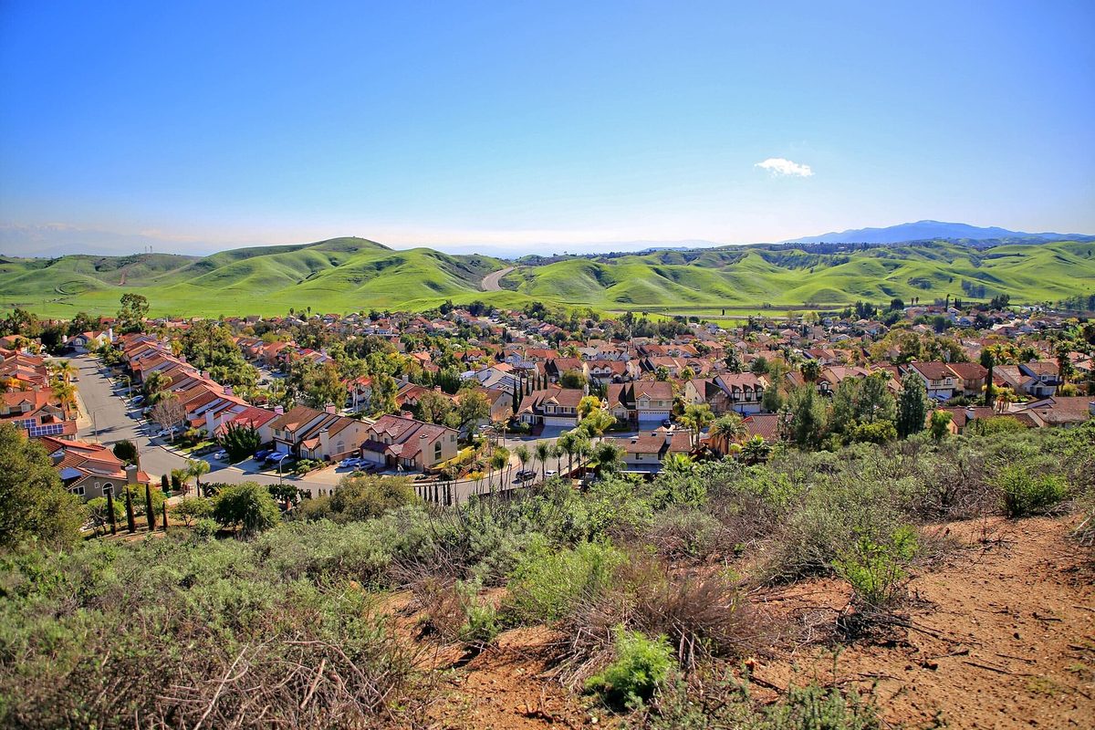 Red tile roofs of a Diamond Bar neighborhood spread below bright green rolling hills, seen from a scrubby hillside under a blue sky