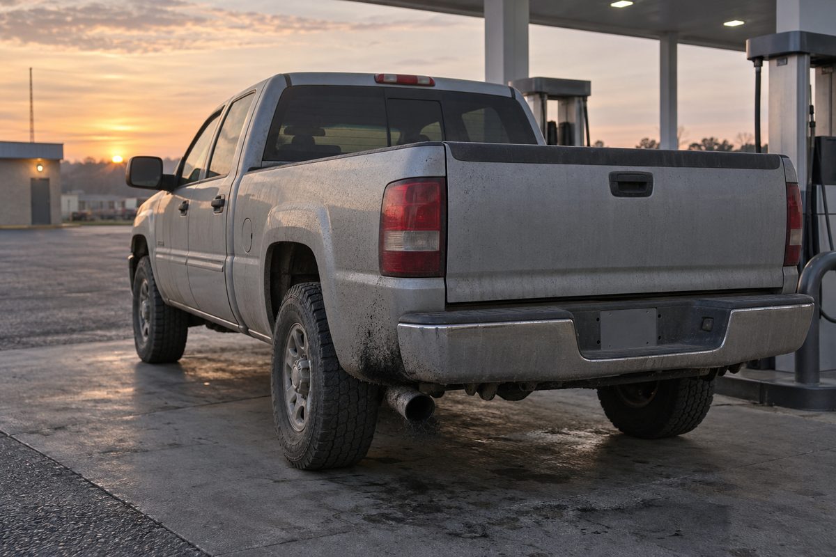 A dusty silver pickup truck seen from behind at a fuel station at sunset, with mud on its tailgate and rear bumper