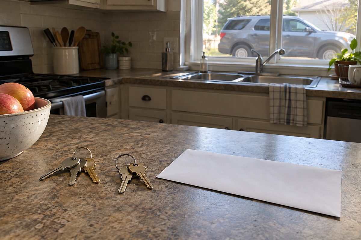 Two sets of car keys and a white envelope on a kitchen counter, with a gray SUV parked outside the window