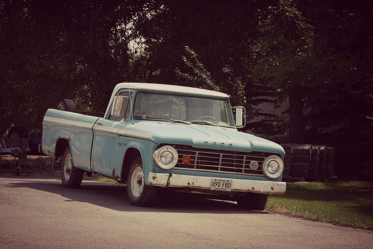 A pale blue Dodge D-Series regular-cab pickup with a white roof, round headlights and a worn white front bumper, parked on a tree-lined road