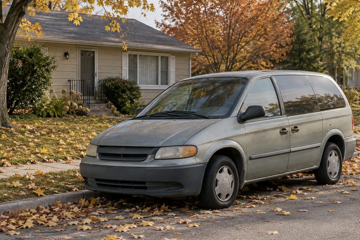 A worn silver minivan parked at the curb in front of a small house, with fallen autumn leaves in the street