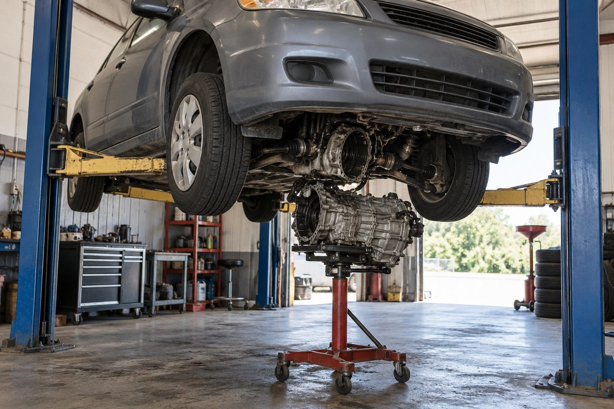A gray sedan raised on a blue two-post lift in a repair shop, its transmission lowered out of the car onto a red transmission jack