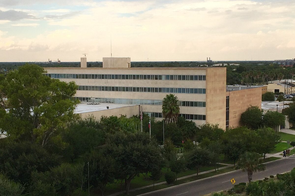 The long, pale multi-story Hidalgo County Courthouse in Edinburg, seen from above over a canopy of green trees and a palm, with a street curving below