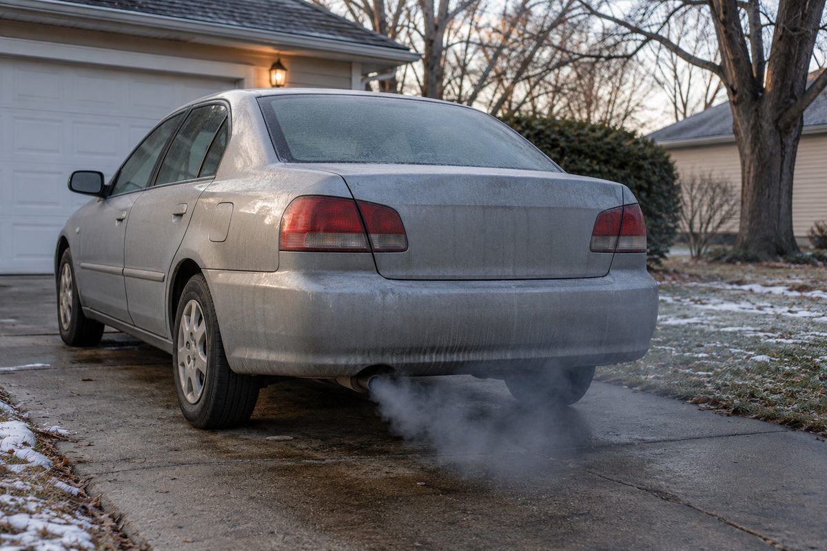 A silver sedan parked in a driveway on a frosty evening, with gray exhaust smoke drifting from its tailpipe over snow-dusted grass