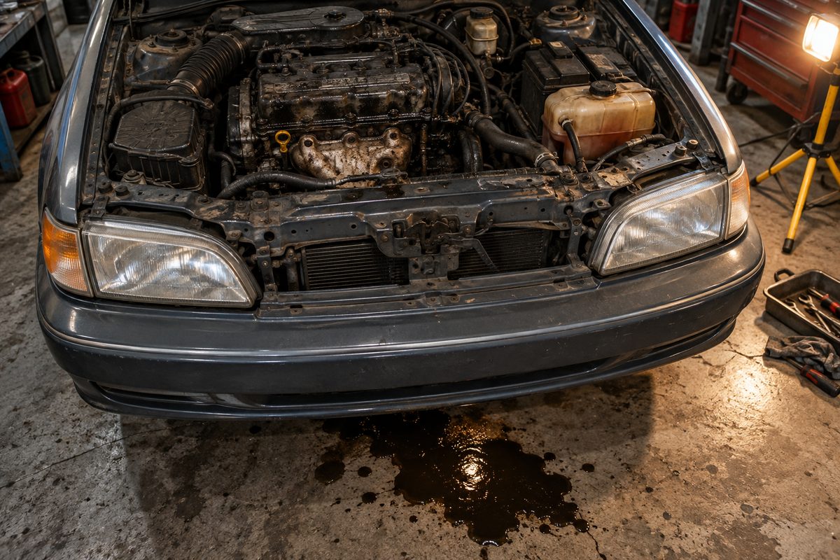 An oil-stained engine bay above a puddle of oil on a garage floor