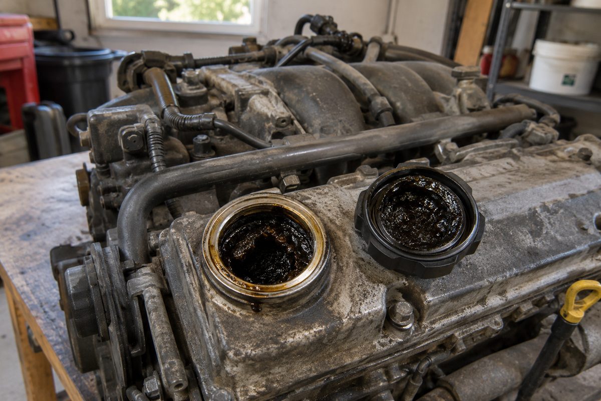 An engine on a wooden workbench with its oil filler cap removed, thick black sludge filling the opening and coating the underside of the cap