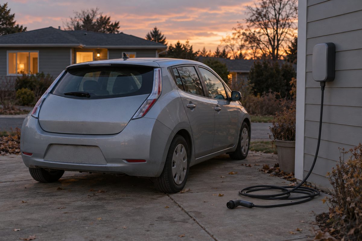 A silver electric hatchback parked in a driveway at dusk beside a wall-mounted charger, its charging cable coiled on the ground
