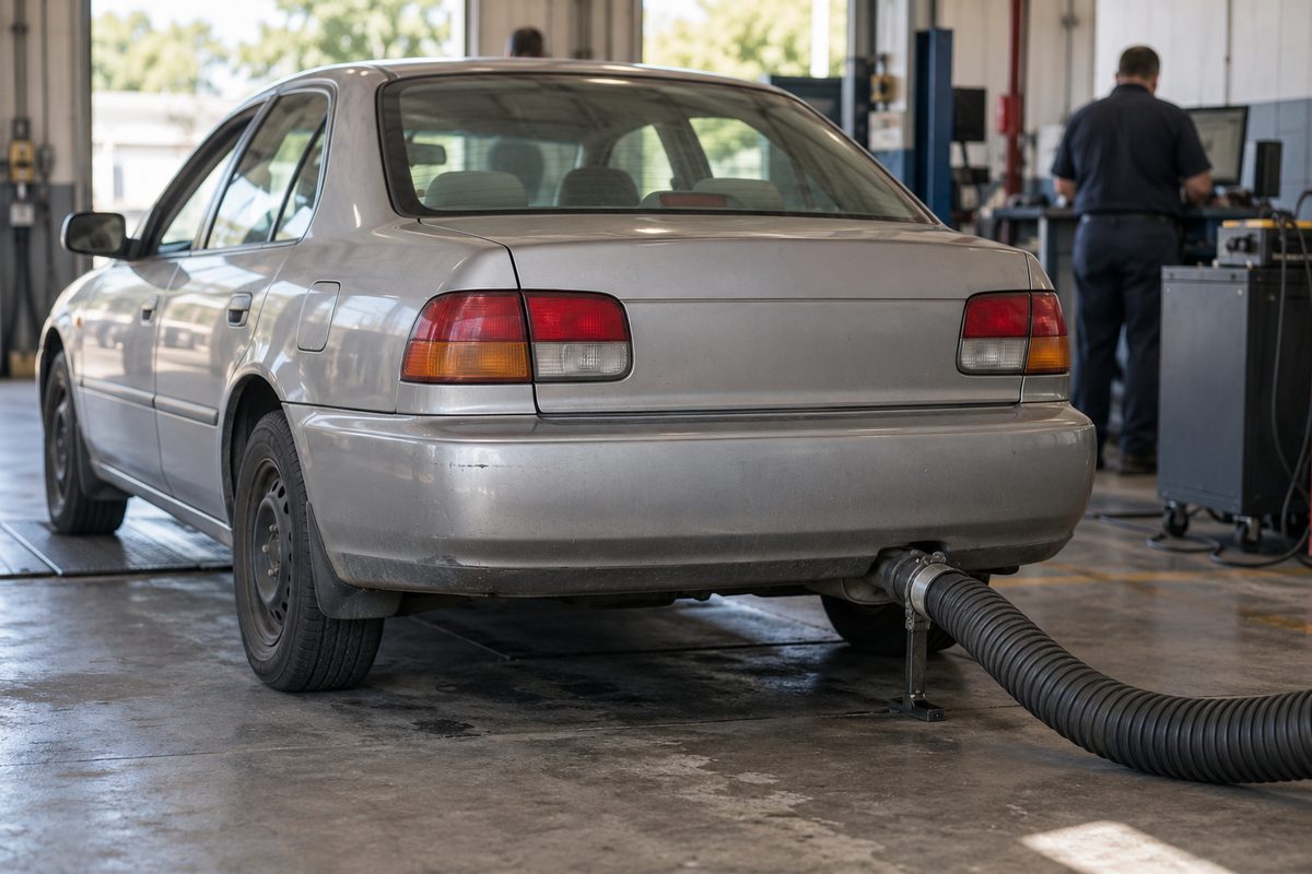 A silver sedan parked in an inspection bay with a black exhaust hose clamped over its tailpipe, a technician working at a test station in the background