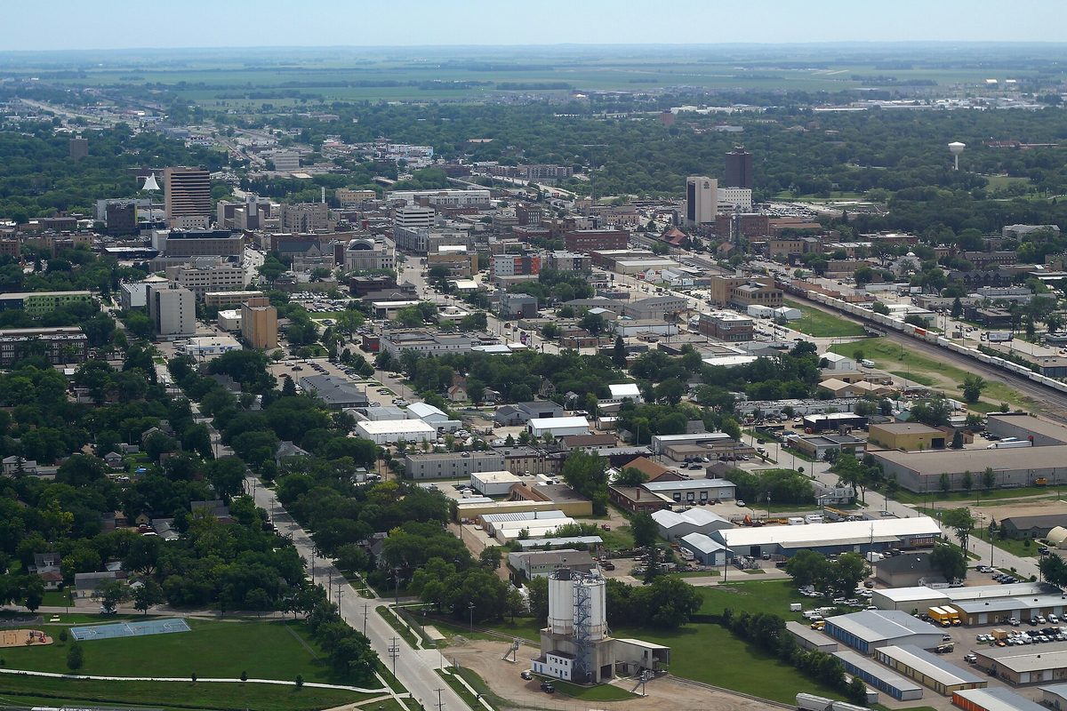 Aerial view of downtown Fargo, North Dakota, looking southeast