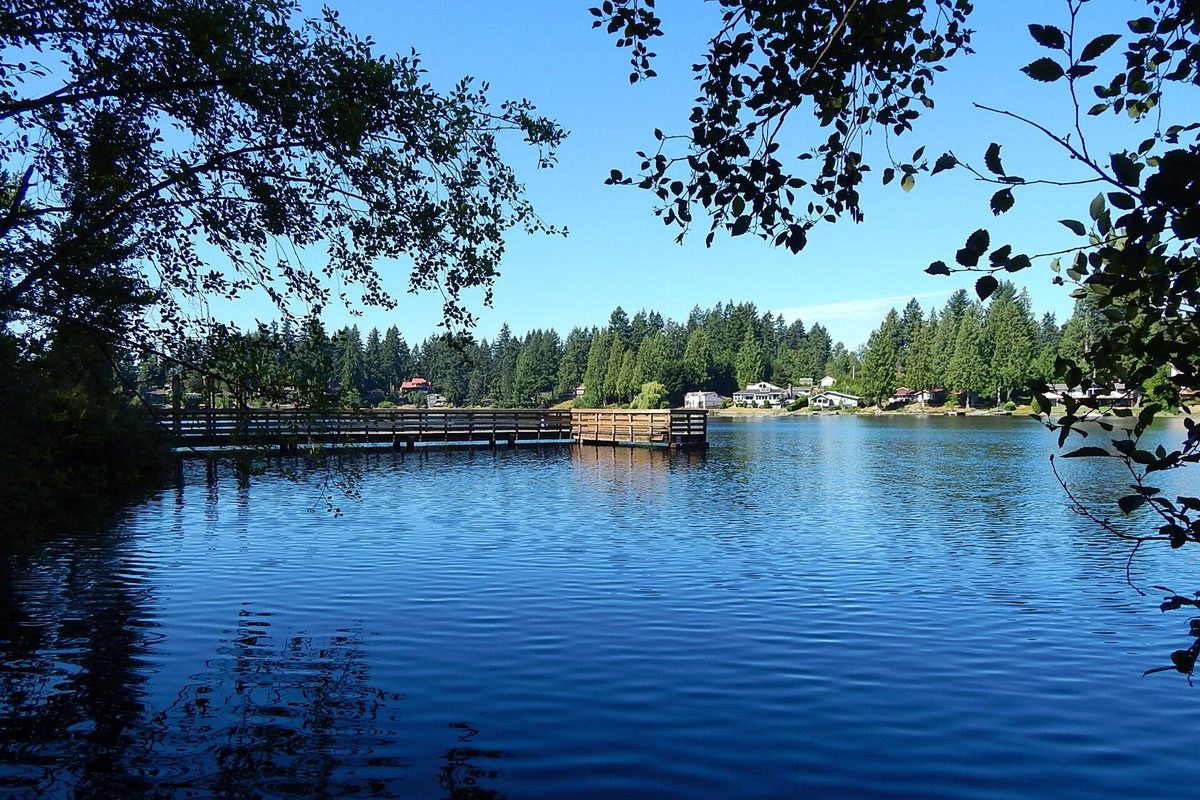 A wooden fishing pier reaching into a calm blue lake ringed by evergreens and lakeside houses at Five Mile Lake Park