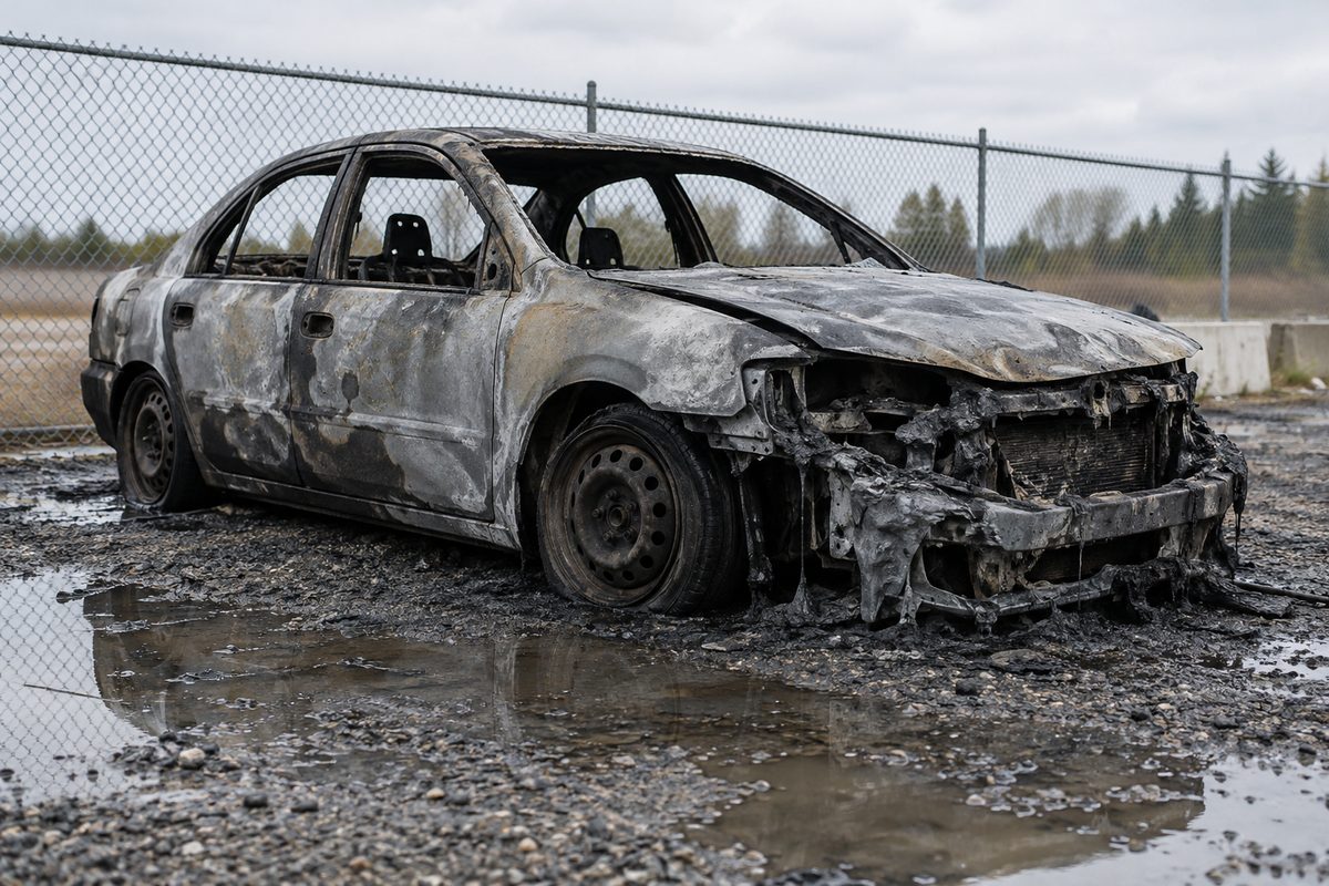 A burned-out sedan with its paint gone and its front end melted, parked on wet gravel beside a chain-link fence