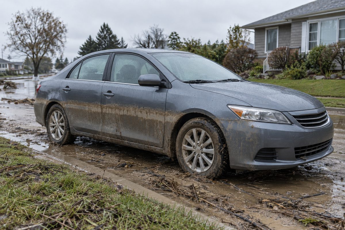 A car with a dried mud water line across its doors after a flood