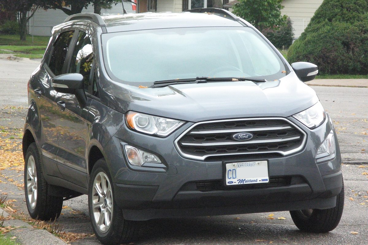 A gray 2018 Ford EcoSport SE parked on a quiet residential street with fallen leaves along the curb