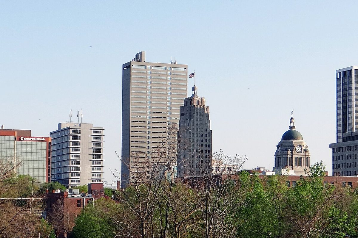 The downtown Fort Wayne, Indiana skyline seen from the Old Fort in May 2014