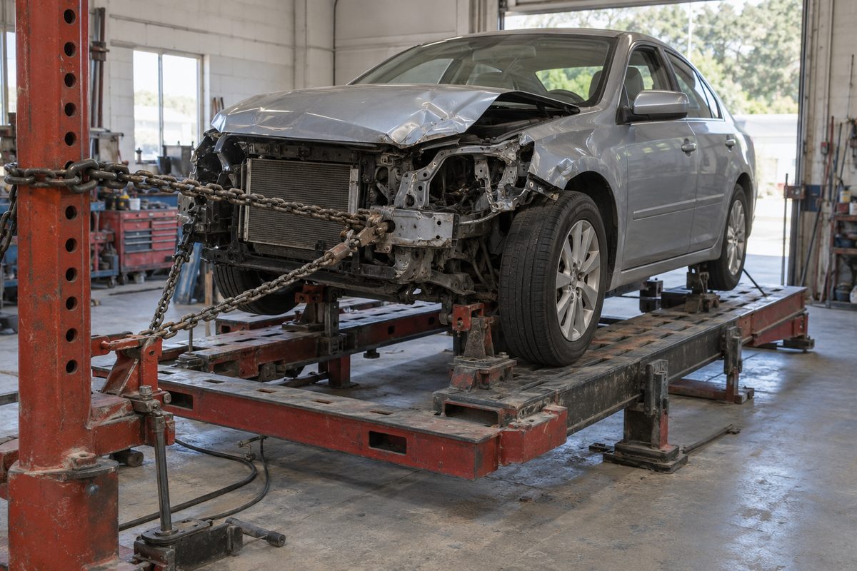 A silver sedan with its front end torn open, chained to a red frame-straightening rack on a repair shop floor