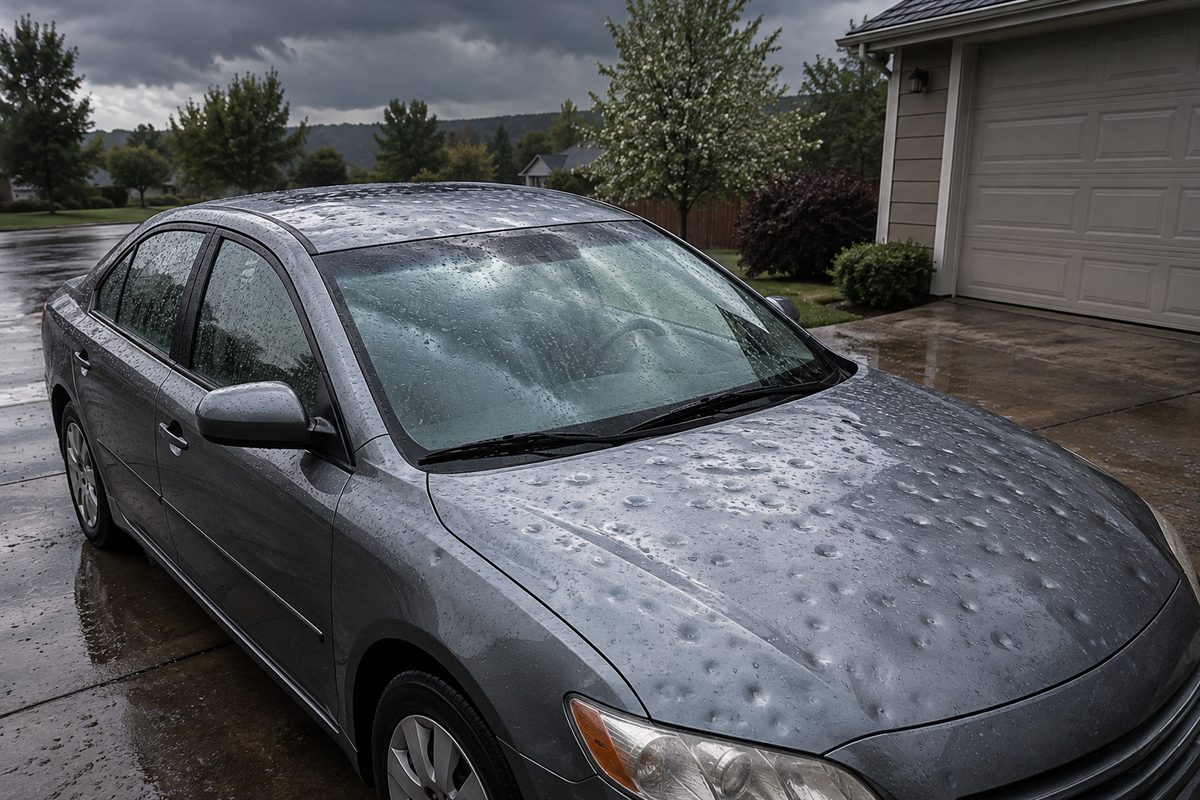 A silver sedan parked in a wet driveway under dark clouds, its hood and roof covered in small round hail dents