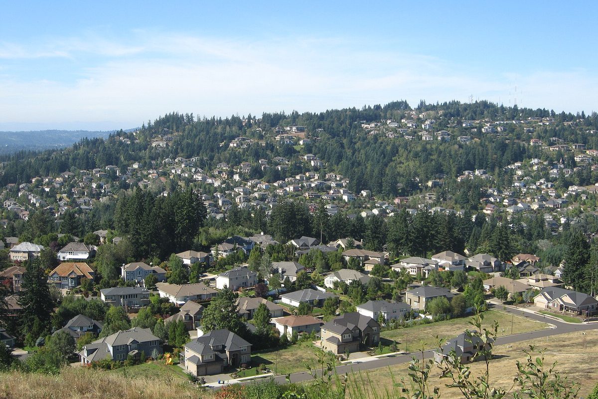 Rows of houses climbing the forested slopes of Mount Scott in Happy Valley under a clear blue sky