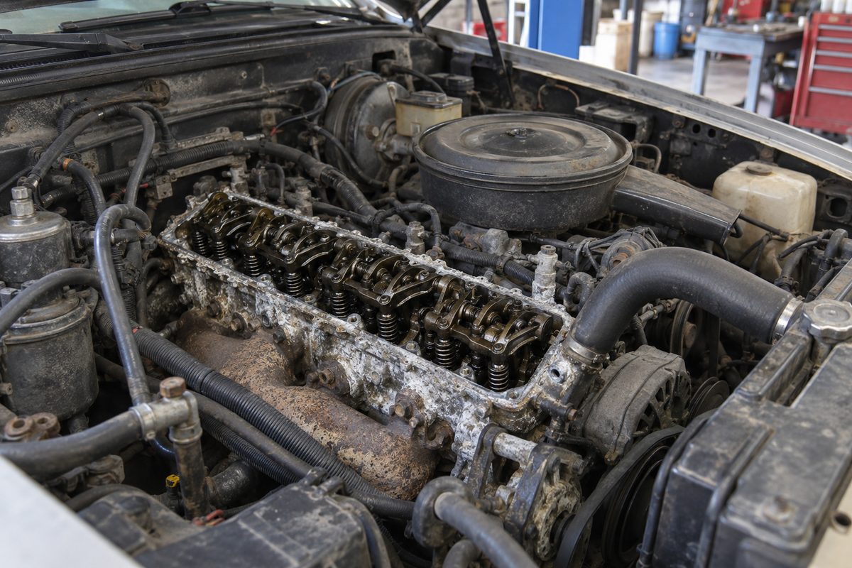 An open engine bay with the valve cover off, showing rocker arms on a cylinder head crusted with dried white coolant residue, in a repair shop