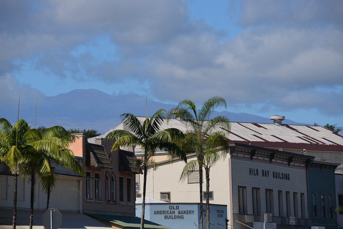 Downtown Hilo storefronts, including the Old American Bakery Building and the Hilo Bay Building, with palm trees and a cloud-capped mountain behind