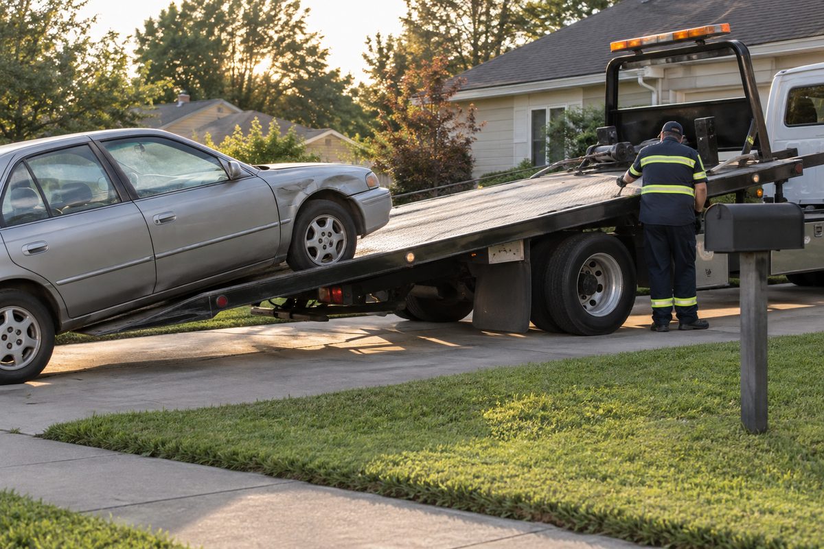 A flatbed tow truck winching a dented silver sedan up its bed in a house driveway, the driver in a reflective uniform at the controls